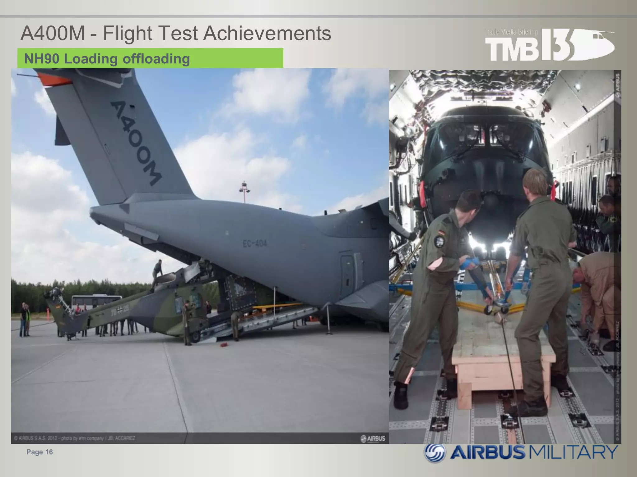 A400M - Flight Test Achievements
• NH90 Loading in Holsdorf
• EC725 Loading in Toulouse
Page 16
NH90 Loading offloading
 