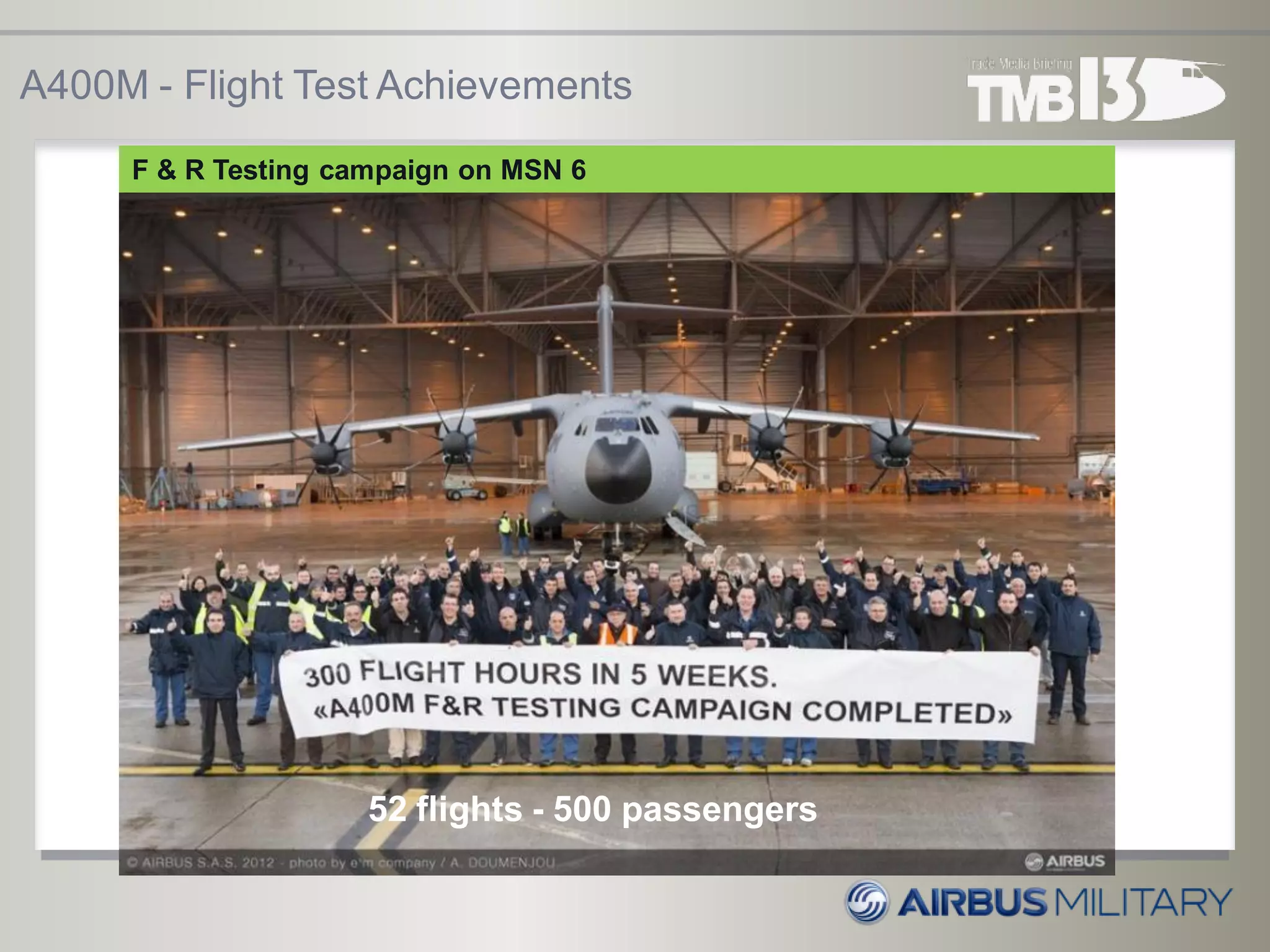 52 flights - 500 passengers
A400M - Flight Test Achievements
F & R Testing campaign on MSN 6
 