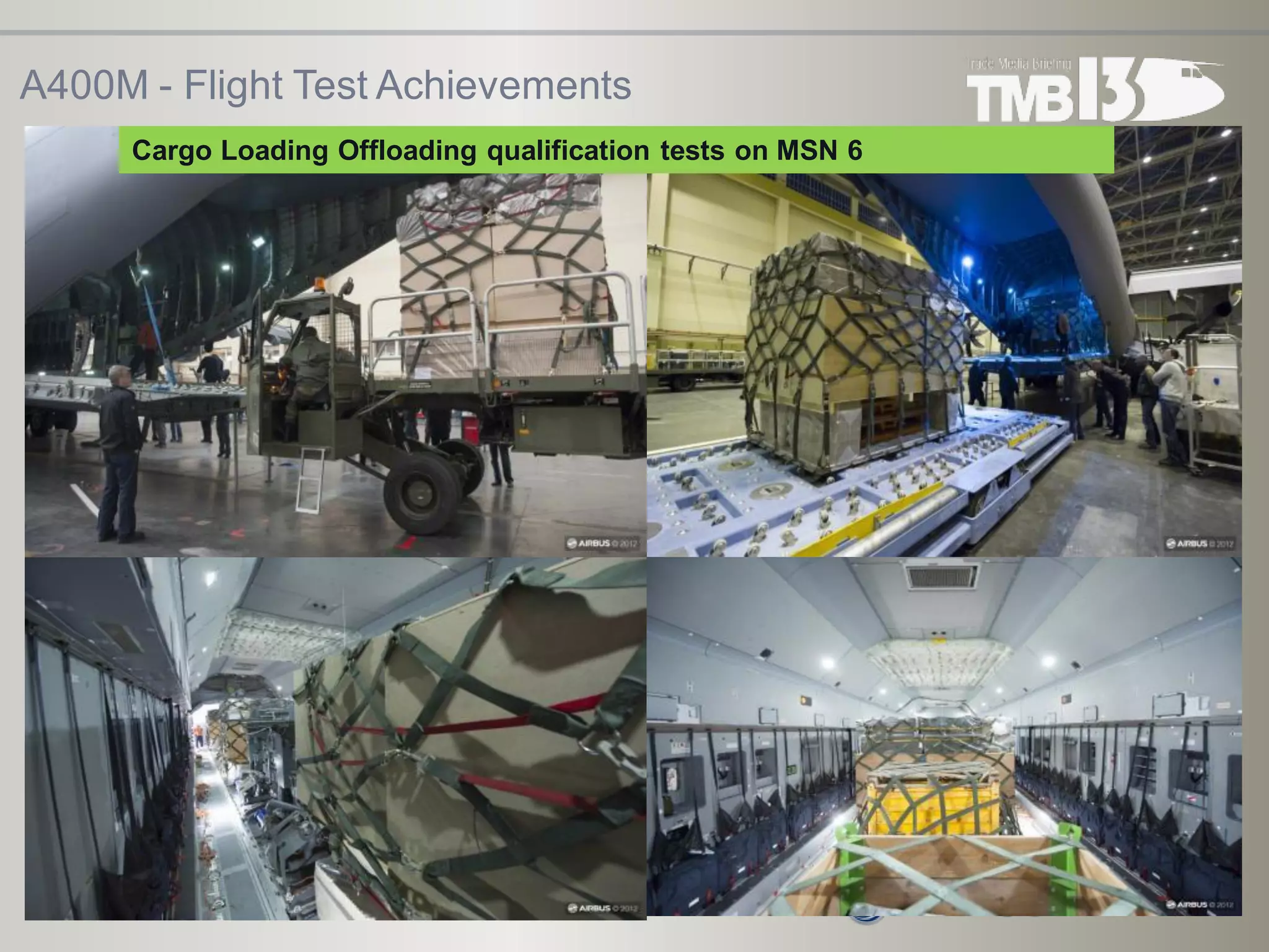 52 flights - 500 passengers
A400M - Flight Test Achievements
Cargo Loading Offloading qualification tests on MSN 6
 