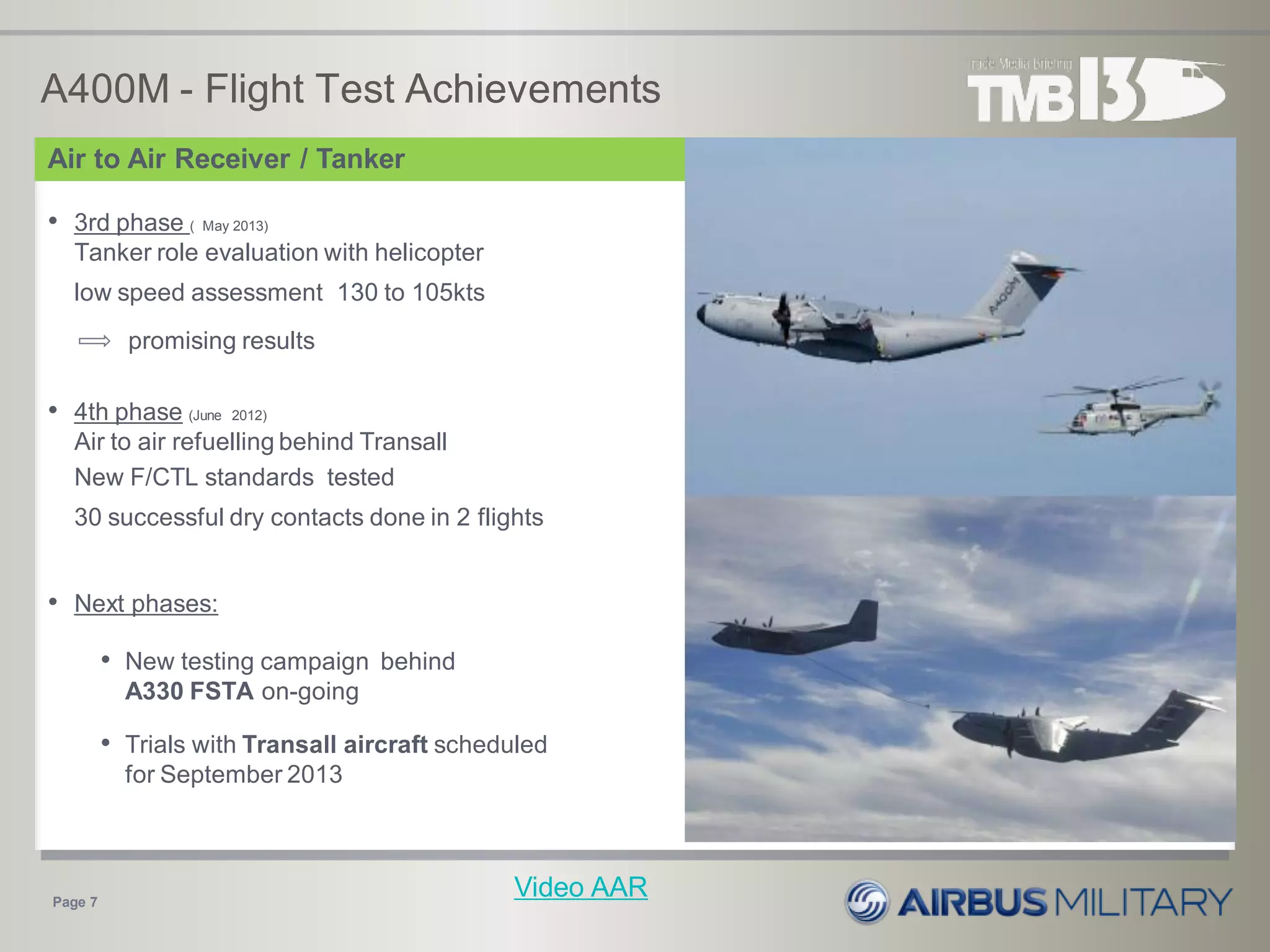 A400M - Flight Test Achievements
• 3rd phase ( May 2013)
Tanker role evaluation with helicopter
0
low speed assessment 130 to 105kts
promising results
• 4th phase (June 2012)
Air to air refuelling behind Transall
New F/CTL standards tested
0
30 successful dry contacts done in 2 flights
• Next phases:
• New testing campaign behind
A330 FSTA on-going
• Trials with Transall aircraft scheduled
for September 2013
Page 7
Air to Air Receiver / Tanker
Video AAR
 