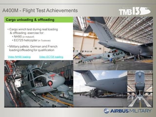 A400M - Flight Test Achievements
• Cargo winch test during real loading
& offloading exercise for:
• NH90 (in Holsdorf)
• EC725 helicopter (in Toulouse)
• Military pallets: German and French
loading/offloading for qualification
Cargo unloading & offloading
Video NH90 loading Video EC725 loading
 