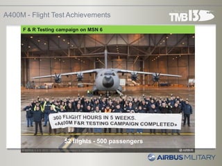 52 flights - 500 passengers
A400M - Flight Test Achievements
F & R Testing campaign on MSN 6
 