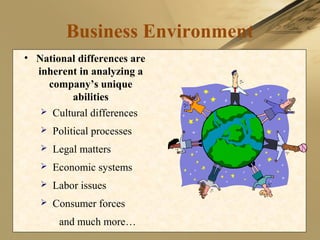 Business Environment
• National differences are
inherent in analyzing a
company’s unique
abilities
 Cultural differences
 Political processes
 Legal matters
 Economic systems
 Labor issues
 Consumer forces
and much more…
 