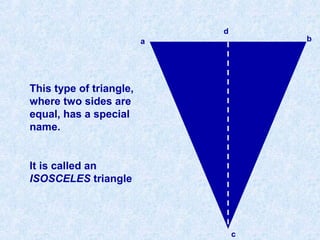 a
b
c
d
b
This type of triangle,
where two sides are
equal, has a special
name.
It is called an
ISOSCELES triangle