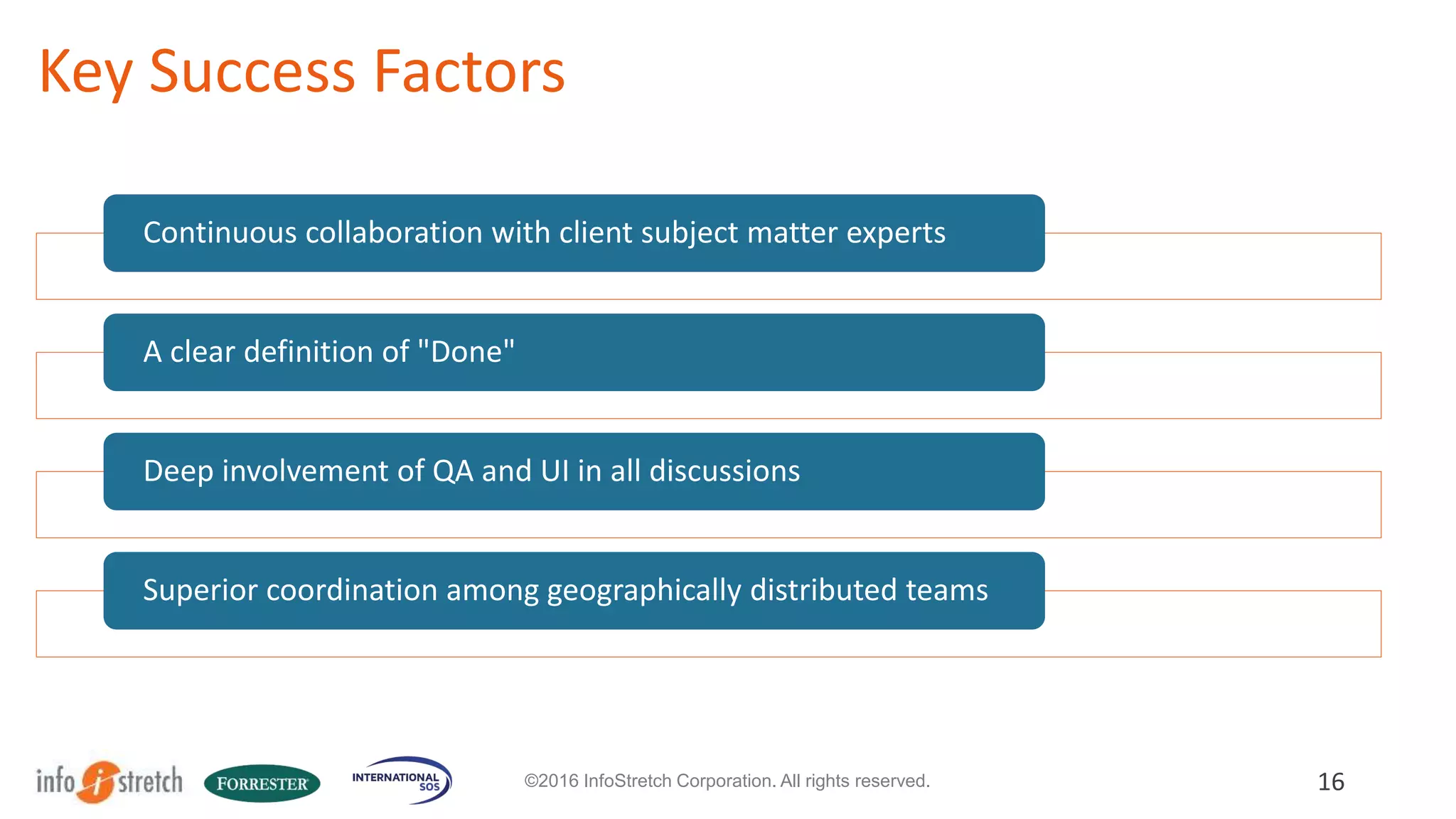 The InfoStretch Approach
16©2016 InfoStretch Corporation. All rights reserved.
Blueprinting Phase Quick Prototyping
Daily Standups and
Weekly Demos
Robust CI
Framework
 