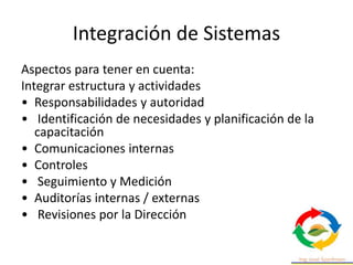 Integración de Sistemas
Aspectos para tener en cuenta:
Integrar estructura y actividades
• Responsabilidades y autoridad
•...