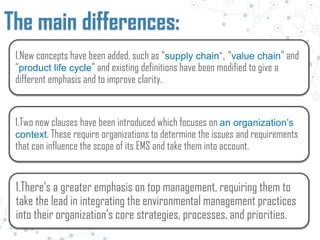 The main differences:
1.New concepts have been added, such as “supply chain”, “value chain” and
“product life cycle” and existing definitions have been modified to give a
different emphasis and to improve clarity.
1.Two new clauses have been introduced which focuses on an organization’s
context. These require organizations to determine the issues and requirements
that can influence the scope of its EMS and take them into account.
1.There’s a greater emphasis on top management, requiring them to
take the lead in integrating the environmental management practices
into their organization’s core strategies, processes, and priorities.
 