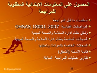28Dr.Ossama Ismail
‫المطلوبة‬ ‫البتدائية‬ ‫المعلومات‬ ‫تعلى‬ ‫الحصول‬‫المطلوبة‬ ‫البتدائية‬ ‫المعلومات‬ ‫تعلى‬ ‫الحصول‬
‫للمراجعة‬‫للمراجعة‬
‫استقصاء‬‫استقصاء‬‫المراجعة‬ ‫قبل‬ ‫ما‬‫المراجعة‬ ‫قبل‬ ‫ما‬
‫القياسية‬ ‫المواصفات‬‫القياسية‬ ‫المواصفات‬OHSAS 18001:2007OHSAS 18001:2007
‫ادارة‬ ‫نظام‬ ‫وثائق‬‫ادارة‬ ‫نظام‬ ‫وثائق‬‫المهنية‬ ‫والصحة‬ ‫السلمة‬‫المهنية‬ ‫والصحة‬ ‫السلمة‬
‫الخاصة‬ ‫السجلت‬‫الخاصة‬ ‫السجلت‬‫ب‬‫ب‬‫ادارة‬ ‫نظام‬‫ادارة‬ ‫نظام‬‫المهنية‬ ‫والصحة‬ ‫السلمة‬‫المهنية‬ ‫والصحة‬ ‫السلمة‬
‫الخاصة‬ ‫السجلت‬‫الخاصة‬ ‫السجلت‬‫وتحليلها‬ ‫بالحوادث‬‫وتحليلها‬ ‫بالحوادث‬
‫السئلة‬ ‫قائمة‬‫السئلة‬ ‫قائمة‬(‫)التحقق‬(‫)التحقق‬
‫السابقة‬ ‫المراجعة‬ ‫عمليات‬ ‫تقارير‬‫السابقة‬ ‫المراجعة‬ ‫عمليات‬ ‫تقارير‬
 