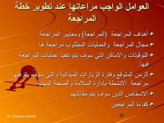 30Dr.Ossama Ismail
‫خطة‬ ‫تطوير‬ ‫عند‬ ‫مراعاتها‬ ‫الواجب‬ ‫العوامل‬‫خطة‬ ‫تطوير‬ ‫عند‬ ‫مراعاتها‬ ‫الواجب‬ ‫العوامل‬
‫المراجعة‬‫المراجعة‬
‫المراجعة‬ ‫ومعايير‬ (‫)المراجعة‬ ‫المراجعة‬ ‫أهداف‬‫المراجعة‬ ‫ومعايير‬ (‫)المراجعة‬ ‫المراجعة‬ ‫أهداف‬
‫ها‬ ‫مراجعة‬ ‫المطلوب‬ ‫والعمليات‬ ‫المراجعة‬ ‫مجال‬‫ها‬ ‫مراجعة‬ ‫المطلوب‬ ‫والعمليات‬ ‫المراجعة‬ ‫مجال‬
‫التوقي‬‫التوقي‬‫تات‬‫تات‬‫المراجعة‬ ‫عمليات‬ ‫تنفيذ‬ ‫يتم‬ ‫سوف‬ ‫التي‬ ‫والماكن‬‫المراجعة‬ ‫عمليات‬ ‫تنفيذ‬ ‫يتم‬ ‫سوف‬ ‫التي‬ ‫والماكن‬
.‫فيها‬.‫فيها‬
‫ال‬‫ال‬‫زمن‬‫زمن‬‫فيها‬ ‫يتم‬ ‫سوف‬ ‫والتي‬ ‫الميدانية‬ ‫الزيارات‬ ‫وفترة‬ ‫المتوقع‬‫فيها‬ ‫يتم‬ ‫سوف‬ ‫والتي‬ ‫الميدانية‬ ‫الزيارات‬ ‫وفترة‬ ‫المتوقع‬
‫بإدارة‬ ‫النشطة‬ ‫مراجعة‬‫بإدارة‬ ‫النشطة‬ ‫مراجعة‬‫المهنية‬ ‫والصحة‬ ‫السلمة‬‫المهنية‬ ‫والصحة‬ ‫السلمة‬
‫مقابلتهم‬ ‫يتم‬ ‫سوف‬ ‫الذين‬ ‫الخشخاص‬‫مقابلتهم‬ ‫يتم‬ ‫سوف‬ ‫الذين‬ ‫الخشخاص‬
‫المراجعين‬ ‫كفاءة‬‫المراجعين‬ ‫كفاءة‬
 