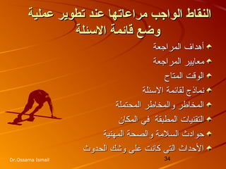 34Dr.Ossama Ismail
‫عملية‬ ‫تطوير‬ ‫عند‬ ‫مراعاتها‬ ‫الواجب‬ ‫النقاط‬‫عملية‬ ‫تطوير‬ ‫عند‬ ‫مراعاتها‬ ‫الواجب‬ ‫النقاط‬
‫الئسئلة‬ ‫قائمة‬ ‫وضع‬‫الئسئلة‬ ‫قائمة‬ ‫وضع‬
‫المراجعة‬ ‫أهداف‬‫المراجعة‬ ‫أهداف‬
‫المراجعة‬ ‫معايير‬‫المراجعة‬ ‫معايير‬
‫المتاح‬ ‫الوقت‬‫المتاح‬ ‫الوقت‬
‫السئلة‬ ‫لقائمة‬ ‫نماذج‬‫السئلة‬ ‫لقائمة‬ ‫نماذج‬
‫وا‬ ‫المخاطر‬‫وا‬ ‫المخاطر‬‫المحتملة‬ ‫لمخاطر‬‫المحتملة‬ ‫لمخاطر‬
‫المطبقة‬ ‫التقنيات‬‫المطبقة‬ ‫التقنيات‬‫المكان‬ ‫في‬‫المكان‬ ‫في‬
‫المهنية‬ ‫والصحة‬ ‫السلمة‬ ‫حوادث‬‫المهنية‬ ‫والصحة‬ ‫السلمة‬ ‫حوادث‬
‫الحدوث‬ ‫وخشك‬ ‫على‬ ‫كانت‬ ‫التى‬ ‫الحداث‬‫الحدوث‬ ‫وخشك‬ ‫على‬ ‫كانت‬ ‫التى‬ ‫الحداث‬
 