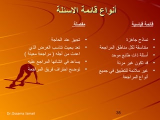 35Dr.Ossama Ismail
‫الئسئلة‬ ‫قائمة‬ ‫أشنواع‬‫الئسئلة‬ ‫قائمة‬ ‫أشنواع‬
‫مفصلة‬
•‫الحاجة‬ ‫عند‬ ‫تجهز‬
•‫الذي‬ ‫الغرض‬ ‫تناسب‬ ‫بحيث‬ ‫تعد‬
‫أجله‬ ‫من‬ ‫اعدت‬( ‫معينة‬ ‫مراجعة‬ )
•‫عليه‬ ‫المراجع‬ ‫انشائها‬ ‫في‬ ‫يساعد‬
•‫المراجعة‬ ‫فريق‬ ‫احتراف‬ ‫توضح‬
‫قيائسية‬ ‫قائمة‬
•‫جاهزة‬ ‫نماذج‬
•‫المراجعة‬ ‫مناطق‬ ‫لكل‬ ‫متناسقة‬
•‫أسئلة‬‫موحد‬ ‫طابع‬ ‫ذات‬
•‫تكون‬ ‫قد‬‫غير‬‫مرنة‬
•‫جميع‬ ‫في‬ ‫للتطبيق‬ ‫ملئمة‬ ‫غير‬
‫المراجعة‬ ‫أنواع‬
 