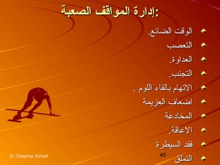 45Dr.Ossama Ismail
‫الصعبة‬ ‫المواقف‬ ‫إدارة‬‫الصعبة‬ ‫المواقف‬ ‫إدارة‬::
‫الضائ‬ ‫الوقت‬‫الضائ‬ ‫الوقت‬‫ع‬‫ع‬..
‫التعصب‬‫التعصب‬
‫العداوة‬‫العداوة‬..
.‫التجنب‬.‫التجنب‬
‫اللوم‬ ‫بالقاء‬ ‫التهام‬‫اللوم‬ ‫بالقاء‬ ‫التهام‬..
‫العزيمة‬ ‫اضعاف‬‫العزيمة‬ ‫اضعاف‬
‫المخادعة‬‫المخادعة‬
‫العاقة‬‫العاقة‬..
‫السيطرة‬ ‫فقد‬‫السيطرة‬ ‫فقد‬
‫التملق‬‫التملق‬
 