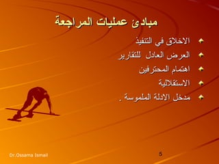 5Dr.Ossama Ismail
‫المراجعة‬ ‫عمليات‬ ‫مبادئ‬‫المراجعة‬ ‫عمليات‬ ‫مبادئ‬
‫التنفيذ‬ ‫في‬ ‫الخل ق‬‫التنفيذ‬ ‫في‬ ‫الخل ق‬
‫للتقارزير‬ ‫العادل‬ ‫العرض‬‫للتقارزير‬ ‫العادل‬ ‫العرض‬
‫المحترفين‬ ‫اهتمام‬‫المحترفين‬ ‫اهتمام‬
‫الستقللية‬‫الستقللية‬
. ‫الملموسة‬ ‫الدلة‬ ‫مدخل‬. ‫الملموسة‬ ‫الدلة‬ ‫مدخل‬
 