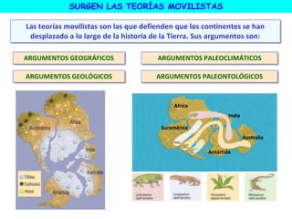 Las teorías movilistas son las que defienden que los continentes se han
desplazado a lo largo de la historia de la Tierra. Sus argumentos son:
Antártida
Suramérica
Africa
India
Australia
ARGUMENTOS GEOLÓGICOS
ARGUMENTOS GEOGRÁFICOS ARGUMENTOS PALEOCLIMÁTICOS
ARGUMENTOS PALEONTOLÓGICOS
SURGEN LAS TEORÍAS MOVILISTAS
 