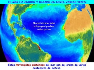 EL MAR HA SUBIDO Y BAJADO SU NIVEL VARIAS VECES
Estos movimientos eustáticos del mar son del orden de varios
centenares de metros.
El nivel del mar sube
o baja por igual en
todas partes
 