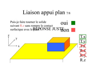 Liaison appui plan 7/8
x
y
z
Puis-je faire tourner le solide
suivant R.z sans rompre le contact
surfacique avec le plan ?
oui
non
T.x
T.y
T.z
R.x
R.y
R.z
REPONSE JUSTE
 