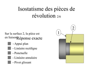 Isostatisme des pièces de
révolution 2/6
Sur la surface 2, la pièce est
en liaison :
- Appui plan
- Linéaire rectiligne
- Ponctuelle
- Linéaire annulaire
- Pivot glissant
1
2
Réponse exacte
 