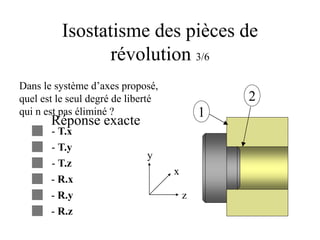 Isostatisme des pièces de
révolution 3/6
Dans le système d’axes proposé,
quel est le seul degré de liberté
qui n est pas éliminé ?
- T.x
- T.y
- T.z
- R.x
- R.y
1
2
Réponse exacte
- R.z
x
y
z
 