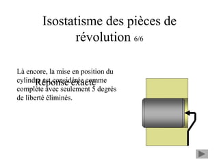 Isostatisme des pièces de
révolution 6/6
Réponse exacte
Là encore, la mise en position du
cylindre est considérée comme
complète avec seulement 5 degrés
de liberté éliminés.
 