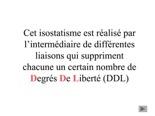 Cet isostatisme est réalisé par
l’intermédiaire de différentes
liaisons qui suppriment
chacune un certain nombre de
Degrés De Liberté (DDL)
 