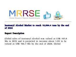 Isostearyl Alcohol Market to reach 19,594.4 tons by the end
of 2024
Report Description
Global sales of isostearyl alcohol was valued at US$ 107.8
Mn in 2015 and is projected to increase about 1.5X to be
valued at US$ 164.7 Mn by the end of 2024. Global
 