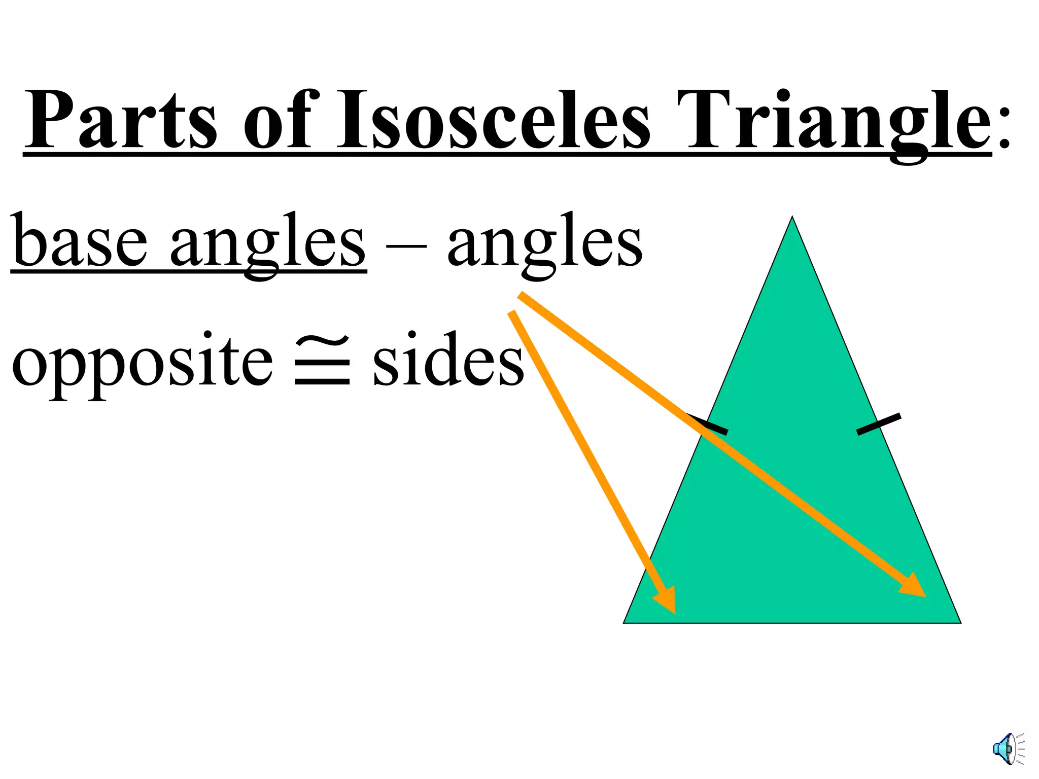 Parts of Isosceles Triangle : base angles – angles opposite sides