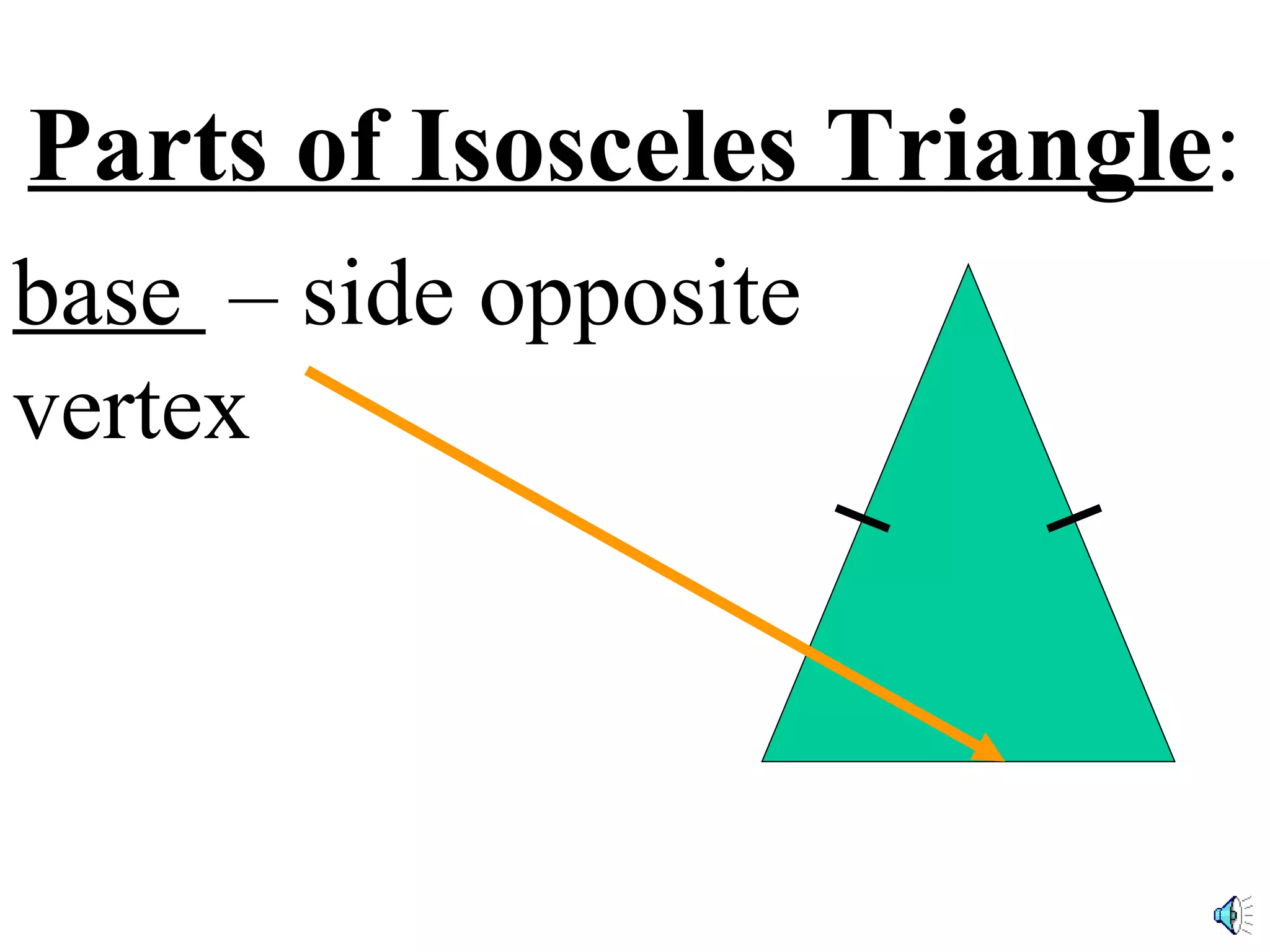 Parts of Isosceles Triangle : base – side opposite vertex