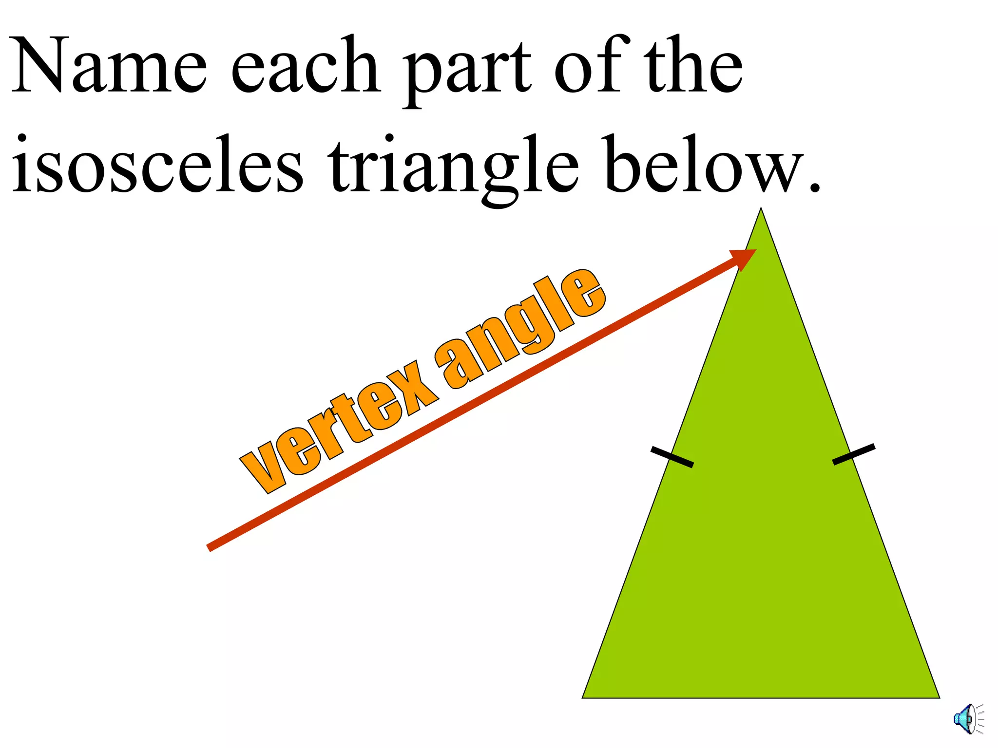 Name each part of the isosceles triangle below. vertex angle