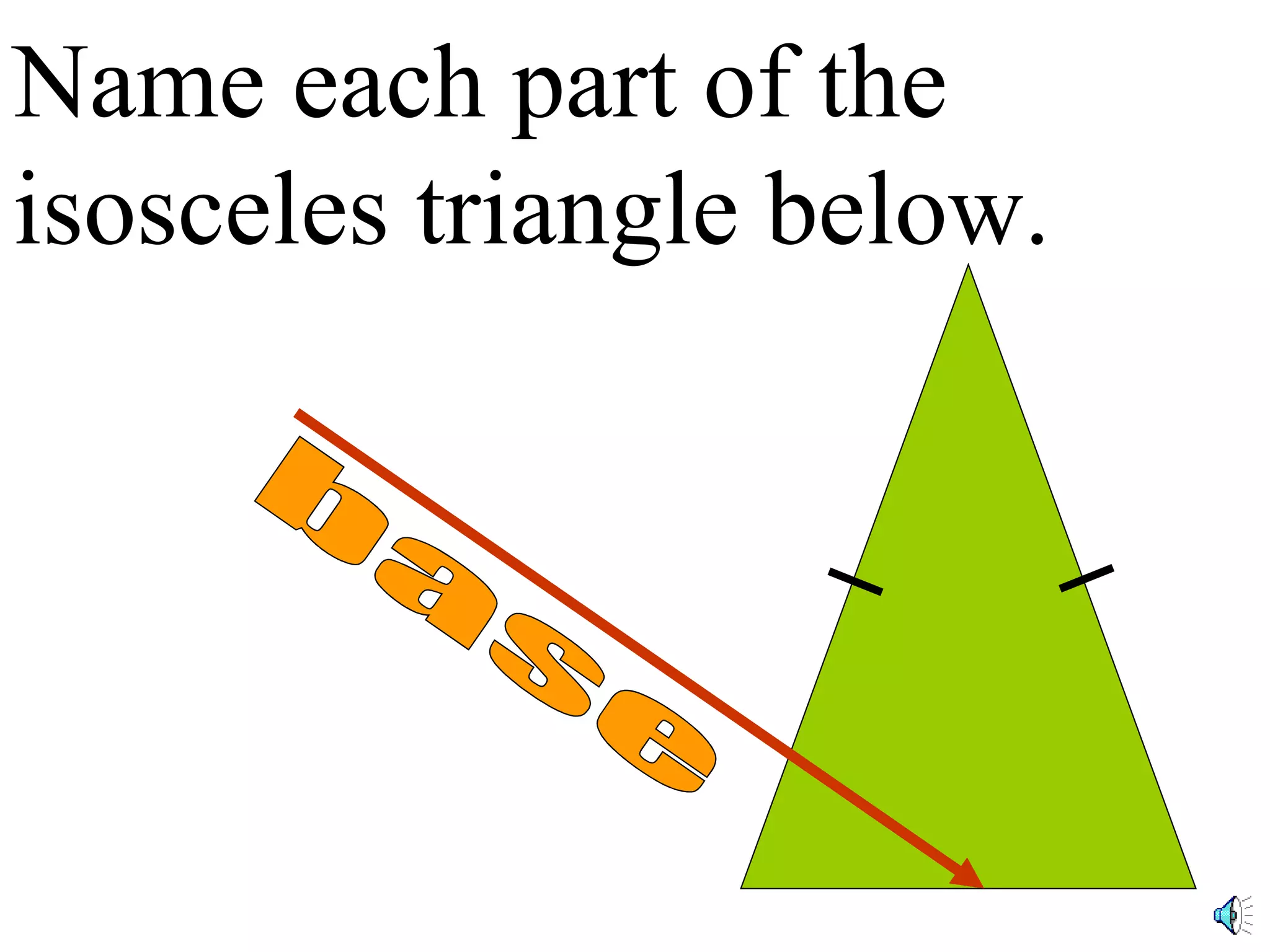 Name each part of the isosceles triangle below. base