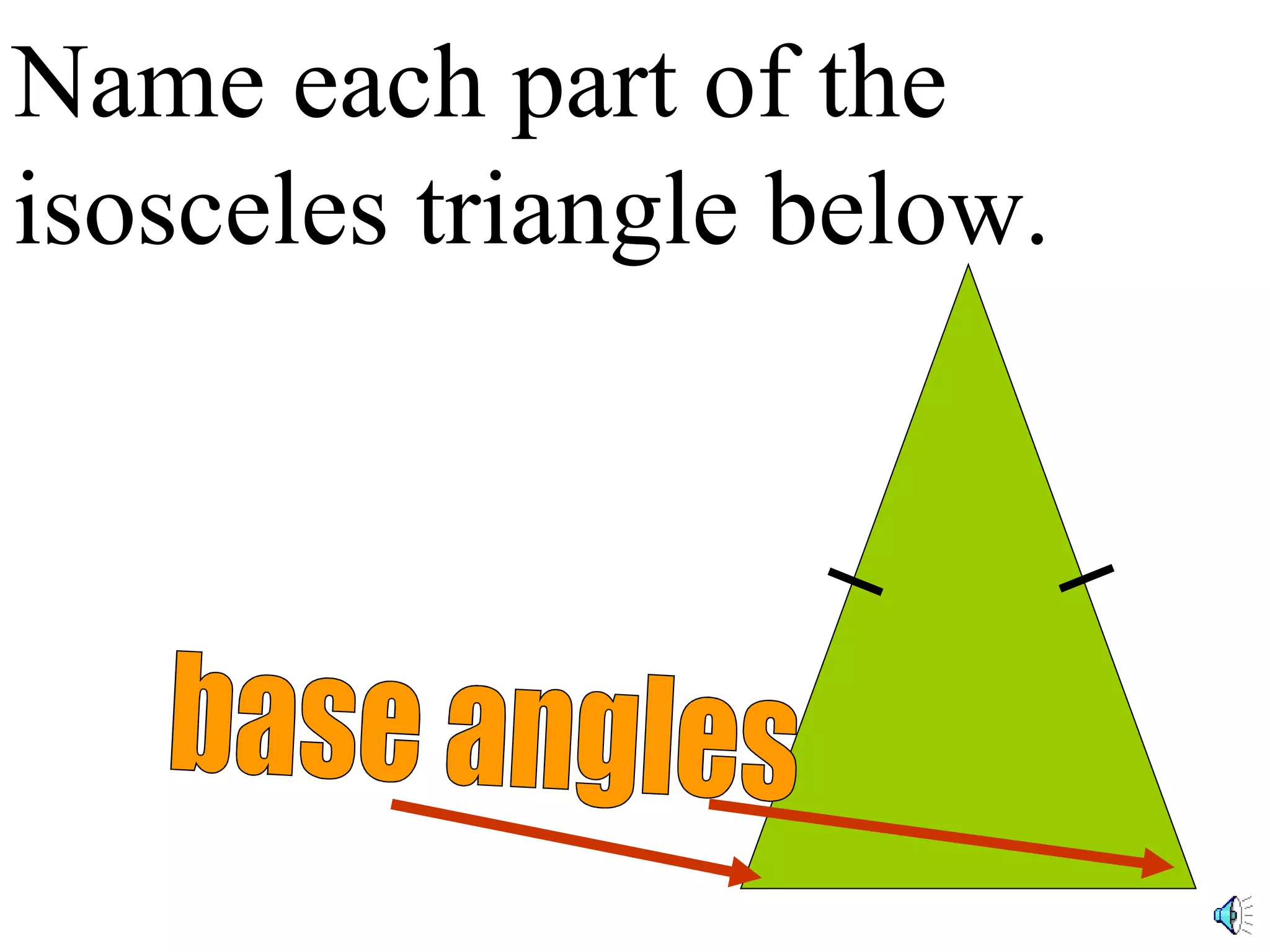 Name each part of the isosceles triangle below. base angles