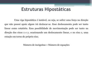 Estruturas Hipostáticas
Uma viga hipostática é instável, ou seja, se sofrer uma força na direção
que não possui apoio algum irá deslocar-se. Esse deslocamento pode ser tanto
linear como rotatório. Essa possibilidade de movimentação pode ser tanto na
direção dos eixos x e y, ocasionando um deslocamento linear, e no eixo z, uma
rotação em torno do próprio eixo.
Número de incógnitas < Número de equações
 
