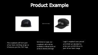 Product Example
The snapback will form part
of our basic clothing range as
it features just the ‘iSO’ logo
Similarly to Logic our
snapback will only be
available in Black with an
almost identical design
Logic’s snapback was priced
at $25.00 so I decided to
price ours at £20.00 as it’s
part of our basic range
 