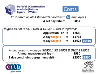 Costs
Cost based on all 3 standards based with 10 employees.
A set day rate of £857
To gain ISO9001 ISO 14001 & OHSAS 18001 integrated:
Application Fee = £268
2 day Stage 1 = £1714
4 day Stage 2 = £3428 £5410
Annual costs to manage ISO9001 ISO 14001 & OHSAS 18001
Annual management fee = £930
3 day continuing assessment visit = £2570 £3500
 