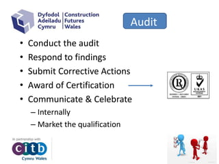Audit
• Conduct the audit
• Respond to findings
• Submit Corrective Actions
• Award of Certification
• Communicate & Celebrate
– Internally
– Market the qualification
 