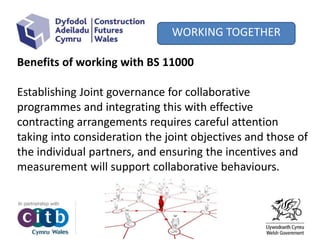 WORKING TOGETHER
Benefits of working with BS 11000
Establishing Joint governance for collaborative
programmes and integrating this with effective
contracting arrangements requires careful attention
taking into consideration the joint objectives and those of
the individual partners, and ensuring the incentives and
measurement will support collaborative behaviours.
 