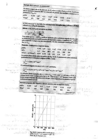 Exempto 25^ Apiicação da tsoterma BBT
Os dados a seguir são os da adsorção do sobre o rutilo (TioOj) a 75 K. Confirn^a:
que se ajustam à isoterma BET no intervalo de pressão das medidas e detcnri— o s
parâmetros e c.
p/kPa 0,160 1.87 6,11 11.67
V/mra^ 601 720 822 935
17,02
1046
21,92 37.29
125-:
I A 75 K, tcm-se p* = 76,0 kPa. Os volumes foram corrigidos para 1,00 atm e 273 K «
referem-se a 1,00 g de adsorvente.
^^^XÍ^*^ Método A eq. 25.8 pode ser escrita na forau
z 1
••"TF"
Vem entào que (c — l)/cV^^ pode ser estimado pelo coeficiente angular da reta, que
se obtém lançando o primeiro membro da «pressão contra z. O produto cV^^ é dado
pela ordenada à origem da reta mencionada. Os doís resultados combinam-se para
darce V^.
Resposta Coiutrufmos a seguinte tabela:
p/kPa 0.160 1,87 6,11
10^2 2,11 24.6 80.4
10*z/(l -z)(V/mm') 0.035 0,350 1,06
Os pontos dessa tabela estão no gráfico da Fig. 25.20.0 ajustamento pelos mínimo»
quadrados leva à ordenada à origem 0,0589. e então
I
11,67 17,02 21,92 27,29
154 224 288 359
1,95 2,76 3,53 4.47
• = 3,98x 10"^ mm-3
cV
O coeficiente angular da reta é 1,23 X ^0"^ portanto,
c - 1
•=(I.23x 10"^)x lO^x lO-^mm-^Ãj^Sx IQ-^mm"^
As soluções dessas equações são c = 310 e V ^ , = 811 mm'. A 1,00 atm e 273 K, o
volume de 811 ram^ corresponde a 3,6 X 10"^ mol ou 2,2 X 10" átomos. Como cada
átomo ocupa uma área da ordem de 0,16 nm^, a área superficial da amostra é aproxi-
madamente igual a 3,5 m^.
Exercido proposto 2S.3 Repetir o cálculo anterior com os seguintes dados:
p/kPa 0.160 1.87 6.U 11,67 17,02 21,92 27,29
V/cm'' 235 559 649 719 790 860 950
[370,615 cm']
I t
Z. 2
%• f a
1
1
i
1 
i
••
/•
j i
i
I i
i >••

1
1 /
1 /
/
< -
i 
i /
1 /
- 1 '
•••']
í
_
i
( i
i i
1 i
'Ò 100 200 300 400 500
Itfz
- - _ s í"3 25.20 A isoterma BET é verificada no
tKsjS^^ - gráficodcz/Cl-z)Vcontraz = p/p'.Os
, dadoc sào do Exemplo 25.3.
 