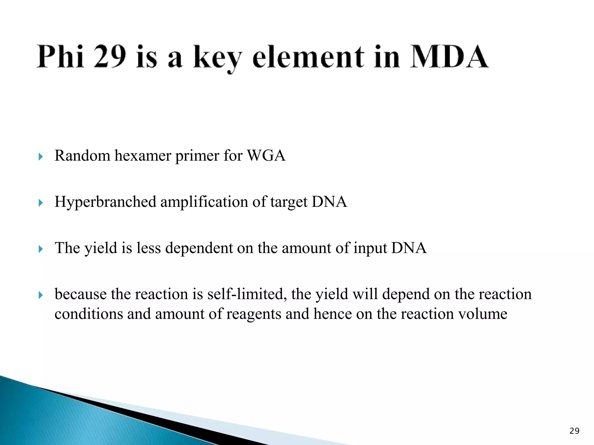  Random hexamer primer for WGA
 Hyperbranched amplification of target DNA
 The yield is less dependent on the amount of input DNA
 because the reaction is self-limited, the yield will depend on the reaction
conditions and amount of reagents and hence on the reaction volume
29
 