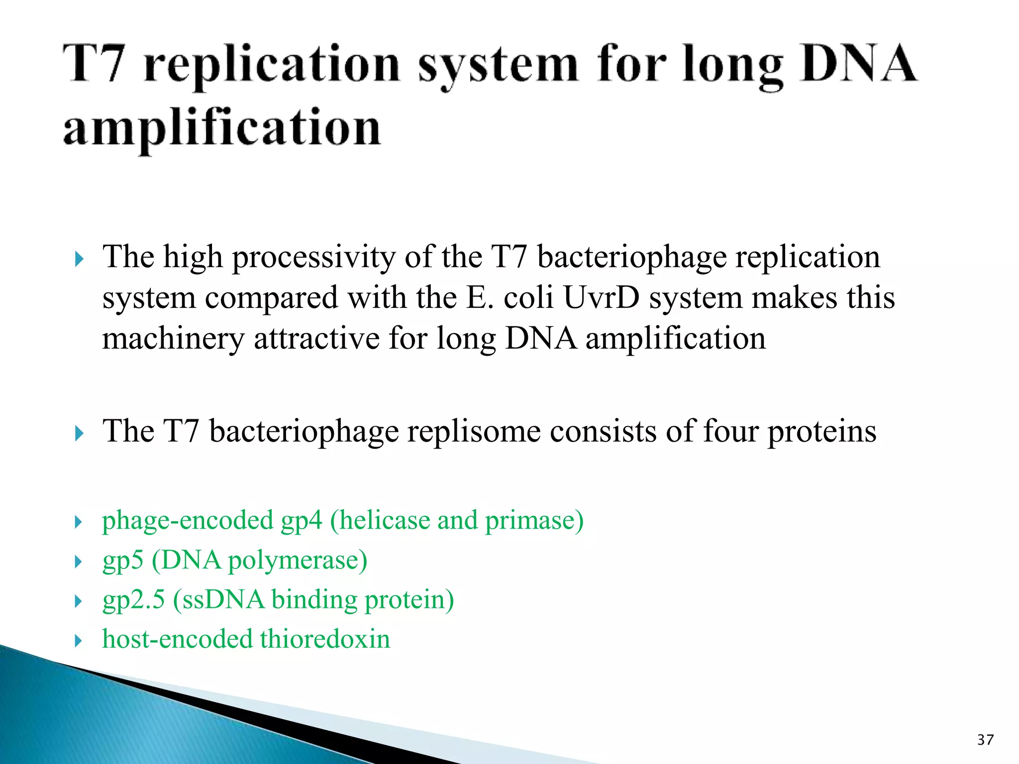  The high processivity of the T7 bacteriophage replication
system compared with the E. coli UvrD system makes this
machinery attractive for long DNA amplification
 The T7 bacteriophage replisome consists of four proteins
 phage-encoded gp4 (helicase and primase)
 gp5 (DNA polymerase)
 gp2.5 (ssDNA binding protein)
 host-encoded thioredoxin
37
 