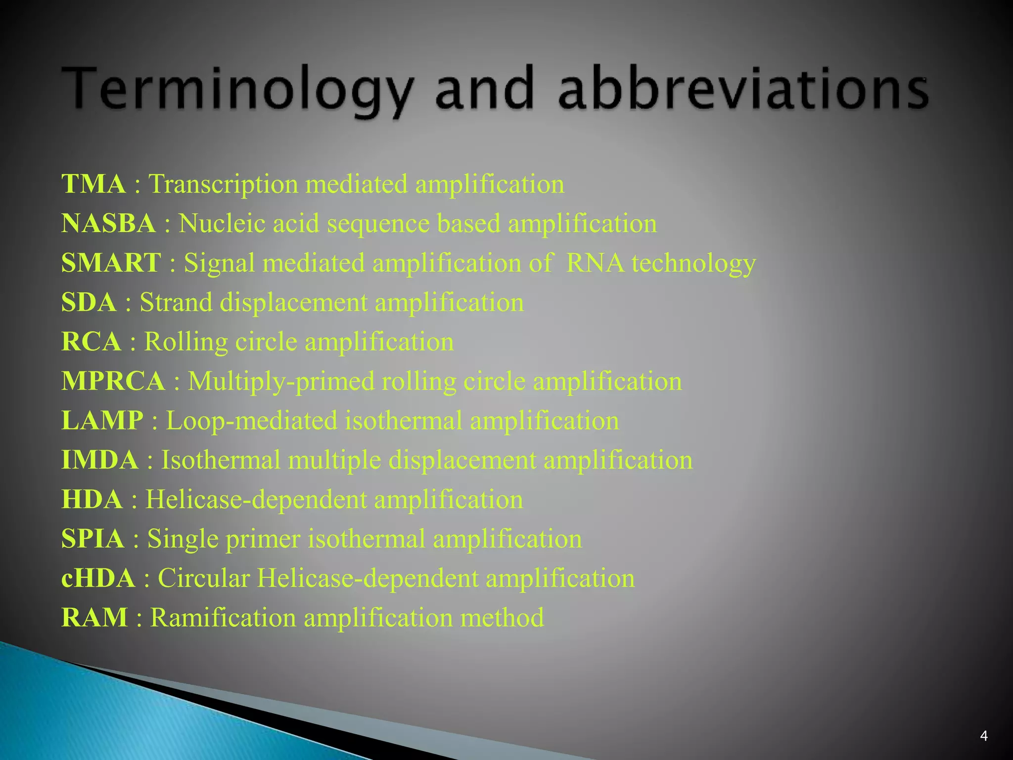 TMA : Transcription mediated amplification
NASBA : Nucleic acid sequence based amplification
SMART : Signal mediated amplification of RNA technology
SDA : Strand displacement amplification
RCA : Rolling circle amplification
MPRCA : Multiply-primed rolling circle amplification
LAMP : Loop-mediated isothermal amplification
IMDA : Isothermal multiple displacement amplification
HDA : Helicase-dependent amplification
SPIA : Single primer isothermal amplification
cHDA : Circular Helicase-dependent amplification
RAM : Ramification amplification method
4
 