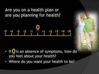 Are you on a health plan or
are you planning for health?
• If is an absence of symptoms, how do
you feel about your health?
• Where do you want your health to be?
 