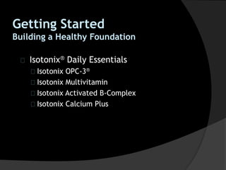 Getting Started
Building a Healthy Foundation
Isotonix® Daily Essentials
Isotonix OPC-3®
Isotonix Multivitamin
Isotonix Activated B-Complex
Isotonix Calcium Plus
 