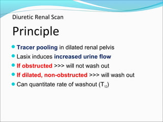 Diuretic Renal Scan
Principle
Tracer pooling in dilated renal pelvis
Lasix induces increased urine flow
If obstructed >>> will not wash out
If dilated, non-obstructed >>> will wash out
Can quantitate rate of washout (T1/2)
 