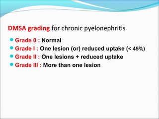 DMSA grading for chronic pyelonephritis
Grade 0 : Normal
Grade I : One lesion (or) reduced uptake (< 45%)
Grade II : One lesions + reduced uptake
Grade III : More than one lesion
 