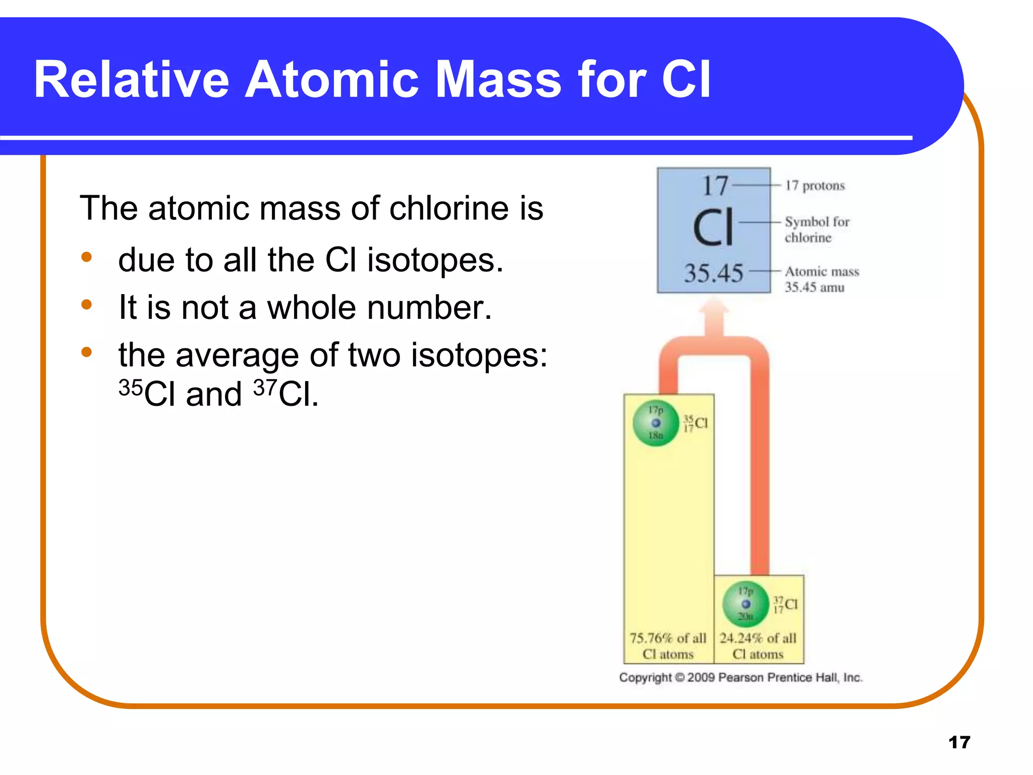 17
Relative Atomic Mass for Cl
The atomic mass of chlorine is
• due to all the Cl isotopes.
• It is not a whole number.
• the average of two isotopes:
35Cl and 37Cl.
 