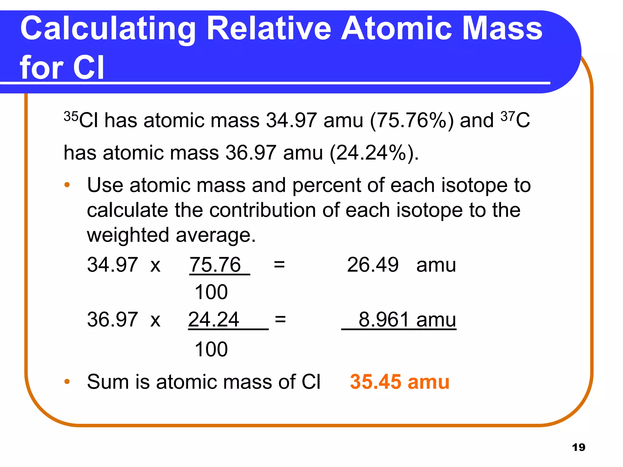 19
35Cl has atomic mass 34.97 amu (75.76%) and 37C
has atomic mass 36.97 amu (24.24%).
• Use atomic mass and percent of each isotope to
calculate the contribution of each isotope to the
weighted average.
34.97 x 75.76 = 26.49 amu
100
36.97 x 24.24 = 8.961 amu
100
• Sum is atomic mass of Cl 35.45 amu
Calculating Relative Atomic Mass
for Cl
 