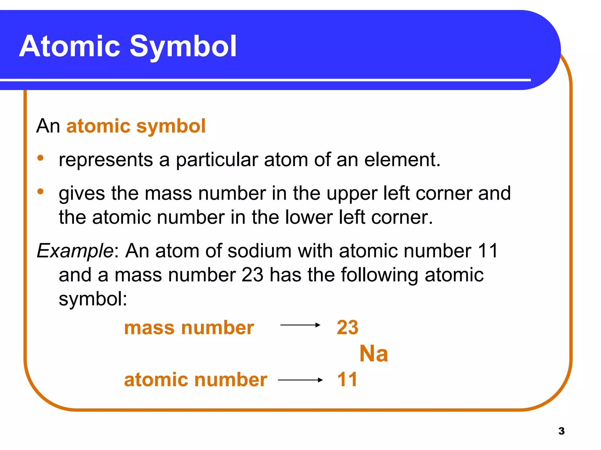 3
An atomic symbol
• represents a particular atom of an element.
• gives the mass number in the upper left corner and
the atomic number in the lower left corner.
Example: An atom of sodium with atomic number 11
and a mass number 23 has the following atomic
symbol:
mass number 23
Na
atomic number 11
Atomic Symbol
 