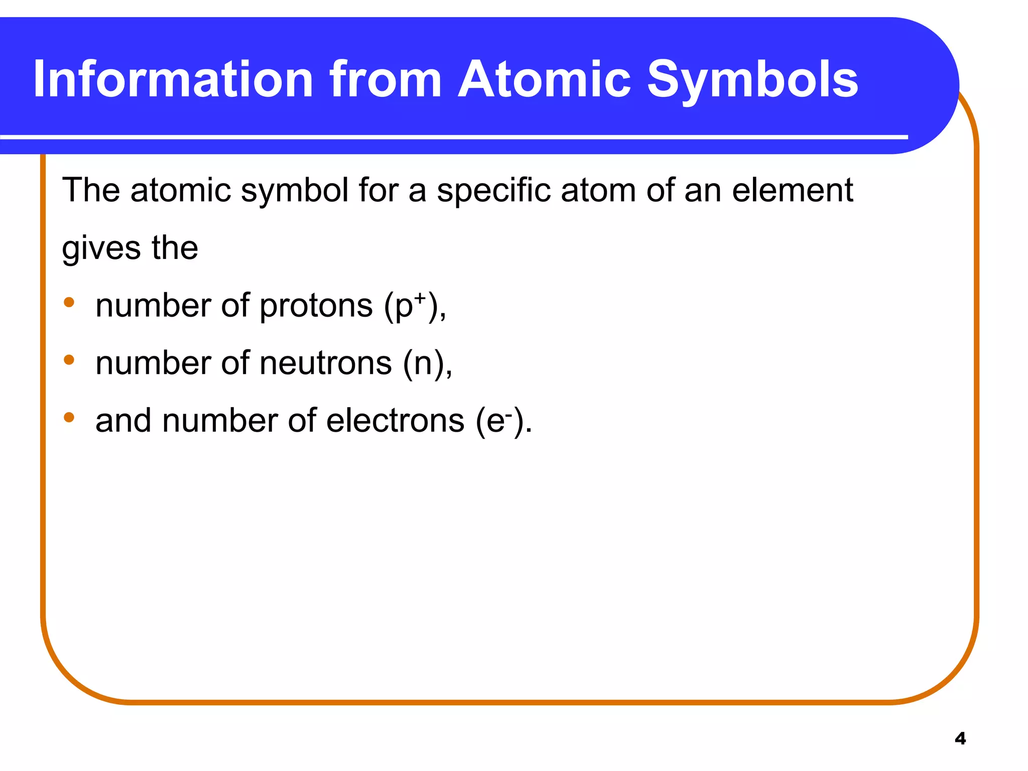 The atomic symbol for a specific atom of an element
gives the
• number of protons (p+),
• number of neutrons (n),
• and number of electrons (e-).
Information from Atomic Symbols
4
 
