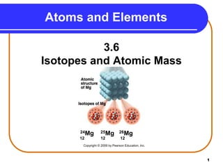 1
Atoms and Elements
3.6
Isotopes and Atomic Mass
24Mg 25Mg 26Mg
12 12 12
Copyright © 2009 by Pearson Education, Inc.
 