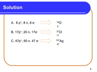 9
A. 8 p+, 8 n, 8 e- 16O
8
B. 17p+, 20 n, 17e- 37Cl
17
C. 47p+, 60 n, 47 e- 107Ag
47
Solution
 