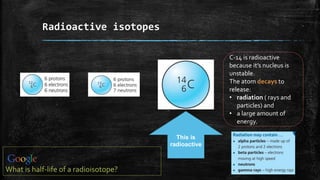 Radioactive isotopes
This is
radioactive
C-14 is radioactive
because it’s nucleus is
unstable.
The atom decays to
release:
• radiation ( rays and
particles) and
• a large amount of
energy.
What is half-life of a radioisotope?
 